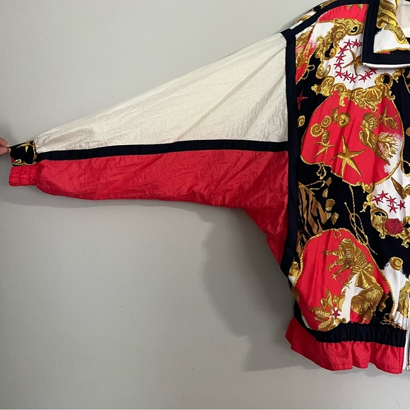 Vintage 1980s Rare Animal Print Gold Red Womens windbreaker bomber Jacket Size M - Picture 9 of 11